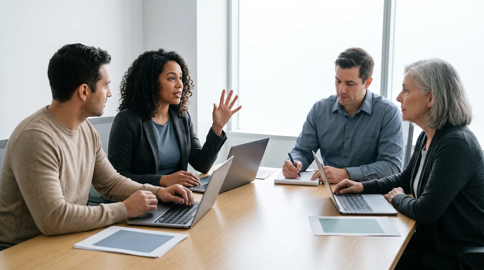 The B2B buying committee in the room: four colleagues from different functions review a proposal around a meeting table.