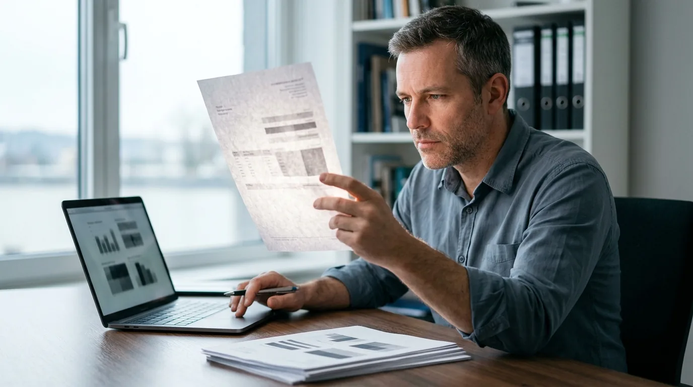 Choosing accounting software: an accountant cross-checks printed statements against a laptop at a tidy office desk.