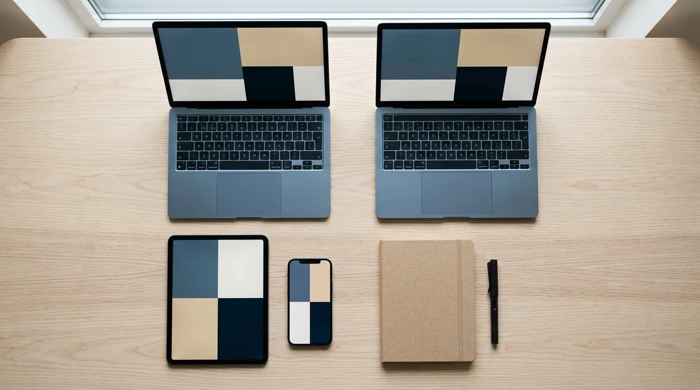 Comparing business software: laptops, a tablet and a phone arranged in a grid on a pale table, shot from directly overhead.