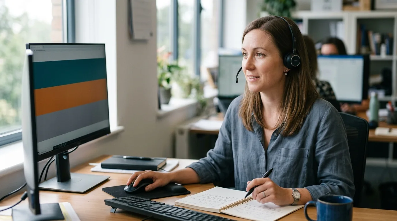 CRM software in daily use: a sales rep on a headset call works through a pipeline view at an office desk.