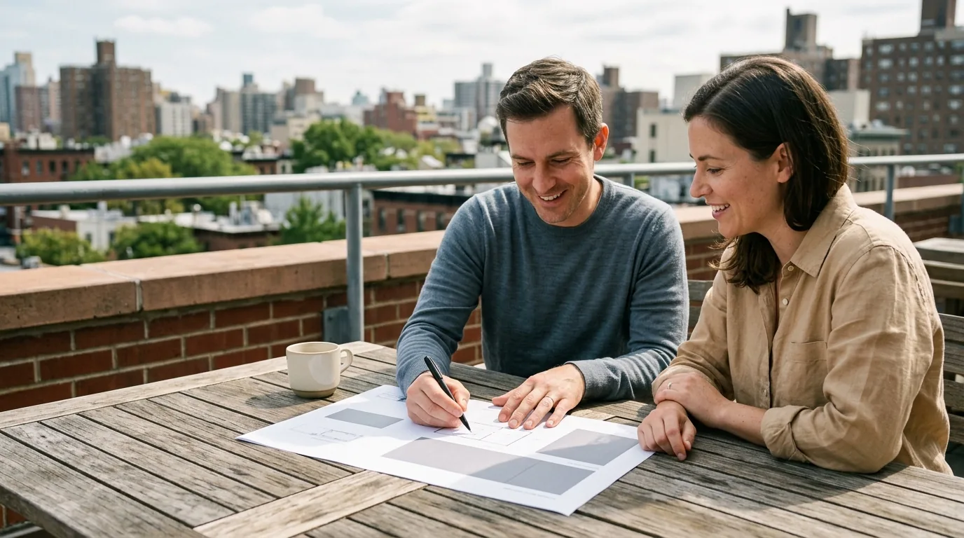 Business growth strategies under review: two colleagues annotate a printed plan on a rooftop terrace table above a mid-rise city block.