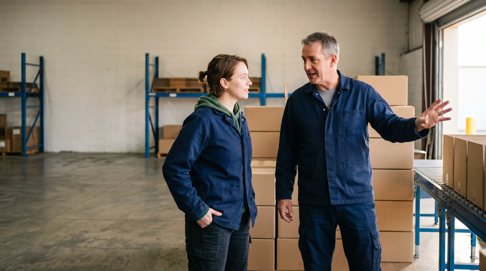 Two staff in workwear talk at shift handover beside stacked cartons and a roller conveyor in a dispatch bay.