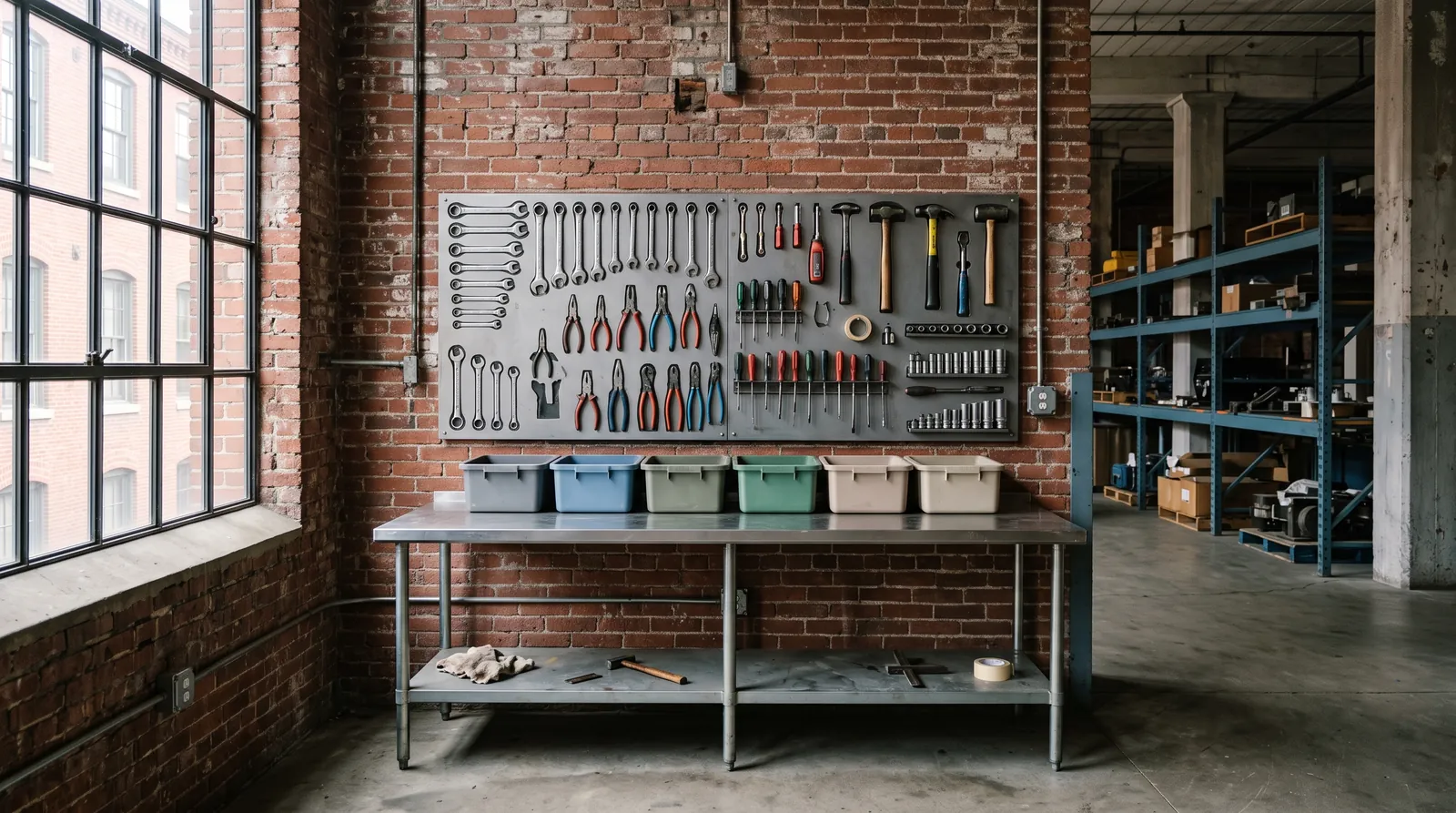 A tool board and plain parts bins above a stainless bench at a single work cell, the physical form of standard work.