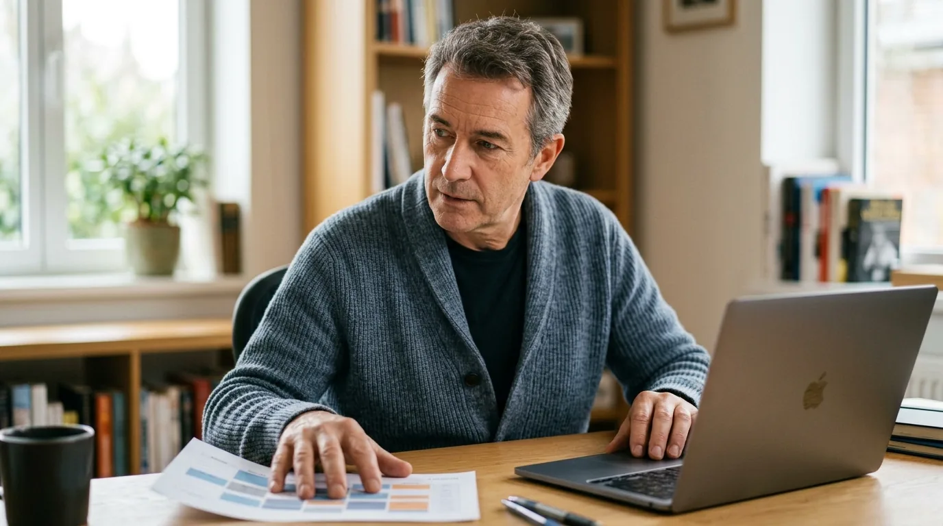 Building a cash flow forecast: a bookkeeper works between a laptop and a printed weekly schedule at a home office desk.