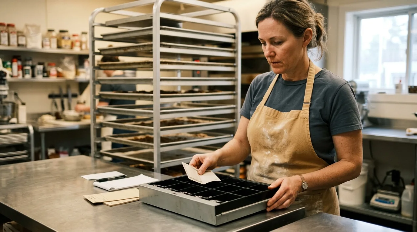 Small business cash flow, hands-on: an owner counts a till drawer at a back-office bench behind a small bakery kitchen.