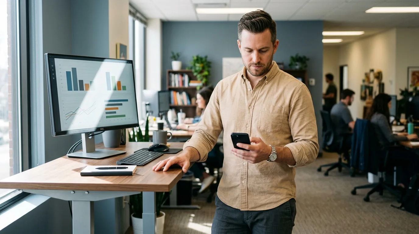 Reviewing a digital marketing strategy: a marketer stands at a raised desk studying abstract performance charts on screen.