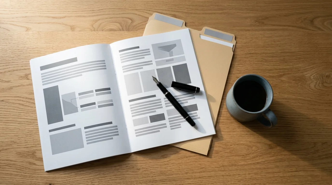 Building a business strategy: a printed strategy document, sand-coloured folders and a fountain pen on an oak desk in raking morning light.