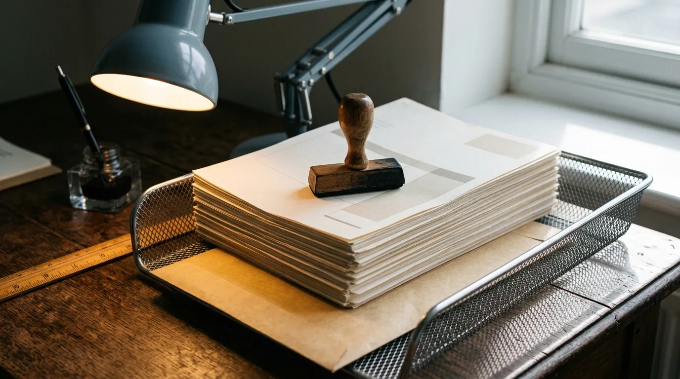 Chasing cash in: a stack of unpaid invoices in a wire desk tray beside a desk lamp and a dated rubber stamp.