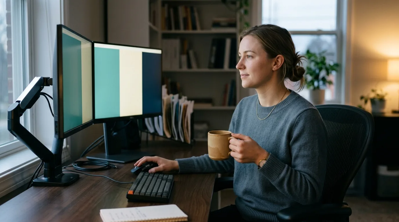 Weighing AI against SaaS: a developer sits back from a dual-monitor setup in a quiet office as evening light crosses the desk.