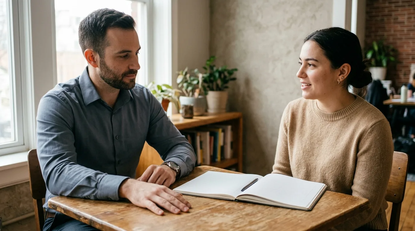 A new manager's first one-to-one: two colleagues talk across a corner table with a notebook open between them.