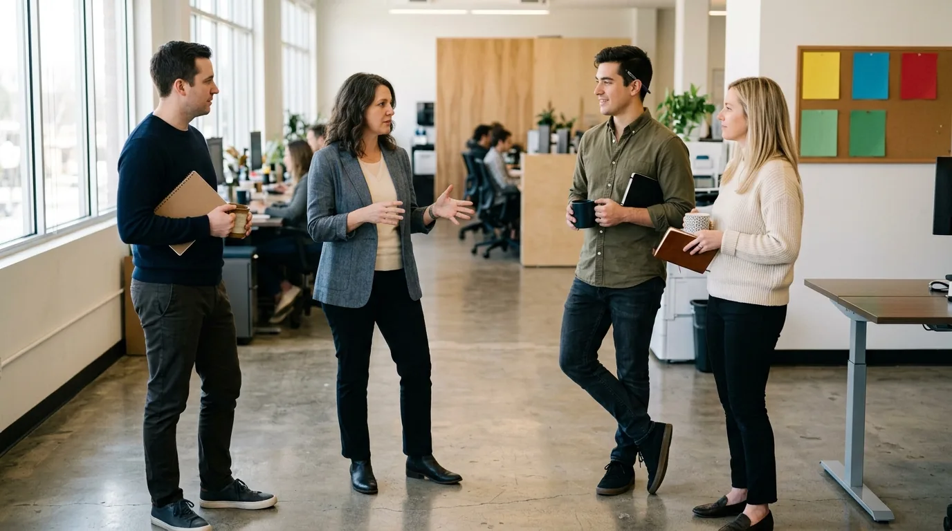 Leadership skills in use: a manager runs a short standing huddle with three colleagues beside a wall board in an open-plan office.