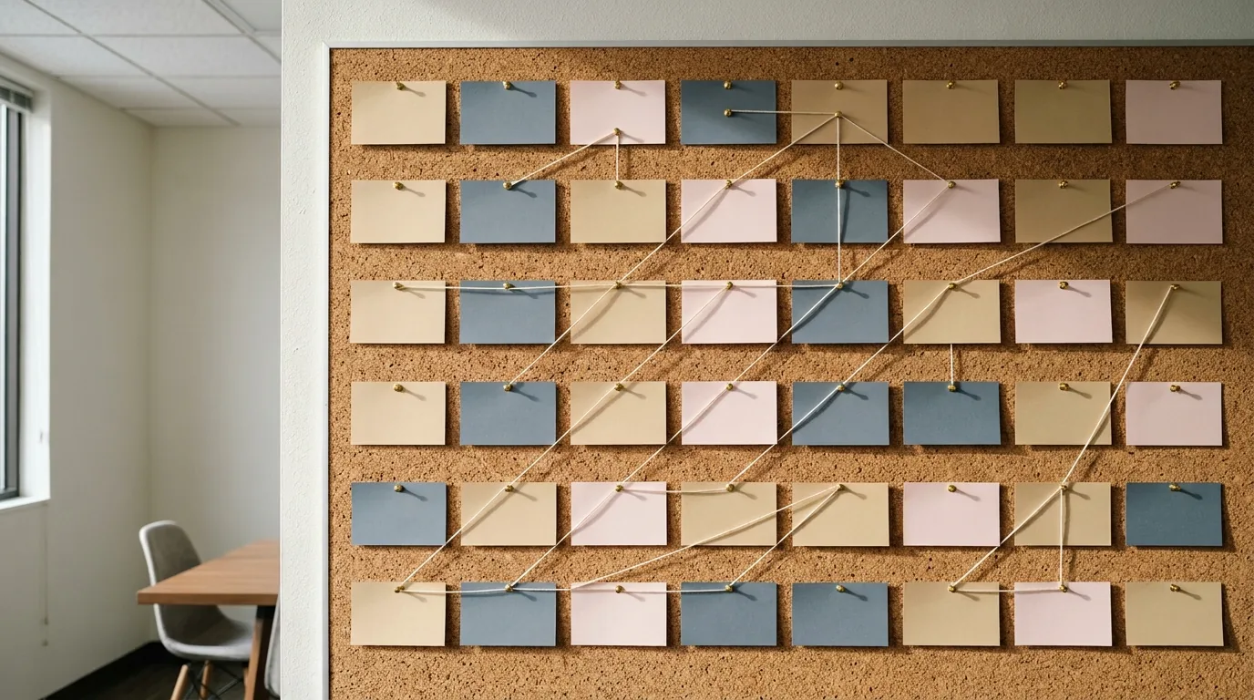 A marketing strategy taking shape: a planning wall of pinned blank cards and coloured string in an empty meeting room.