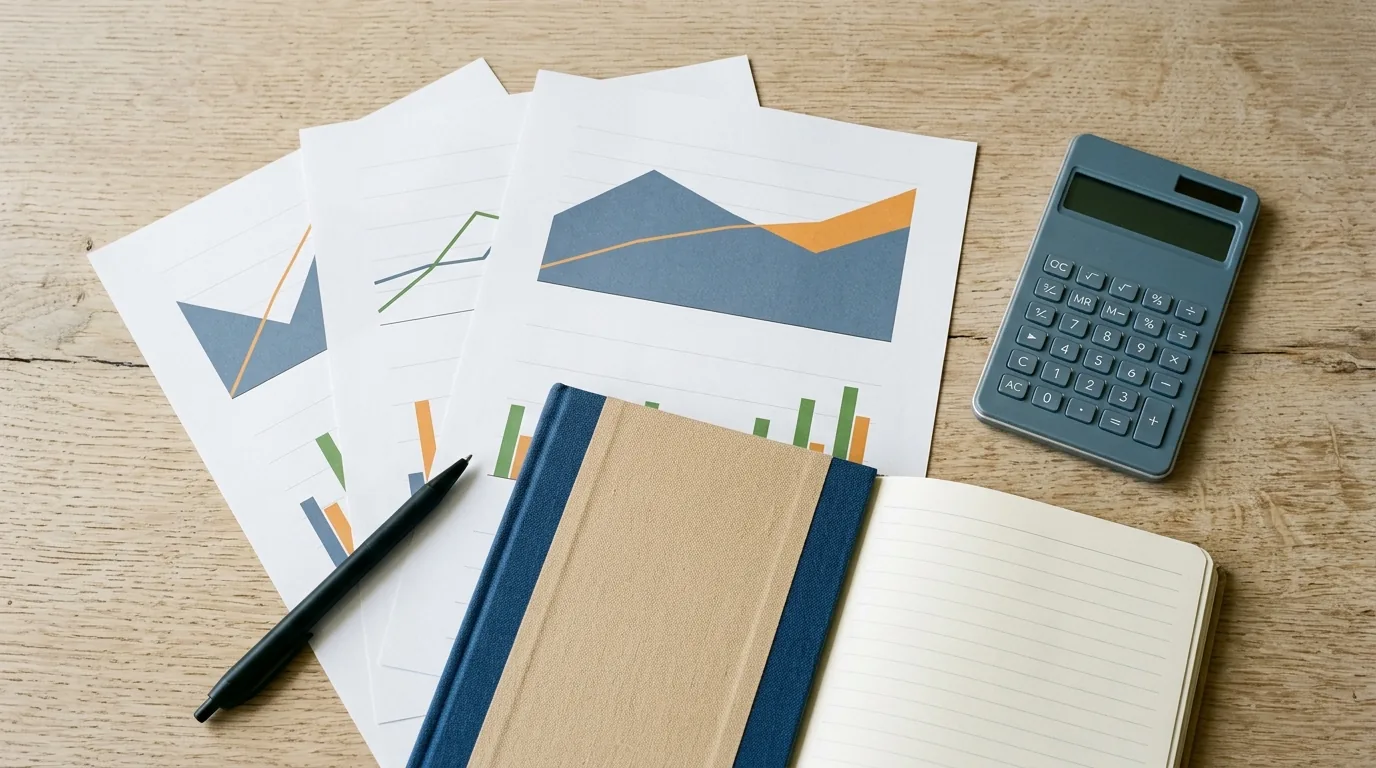 SaaS metrics on paper: printed line and bar charts fanned across a desk beside a pen and calculator in soft daylight.