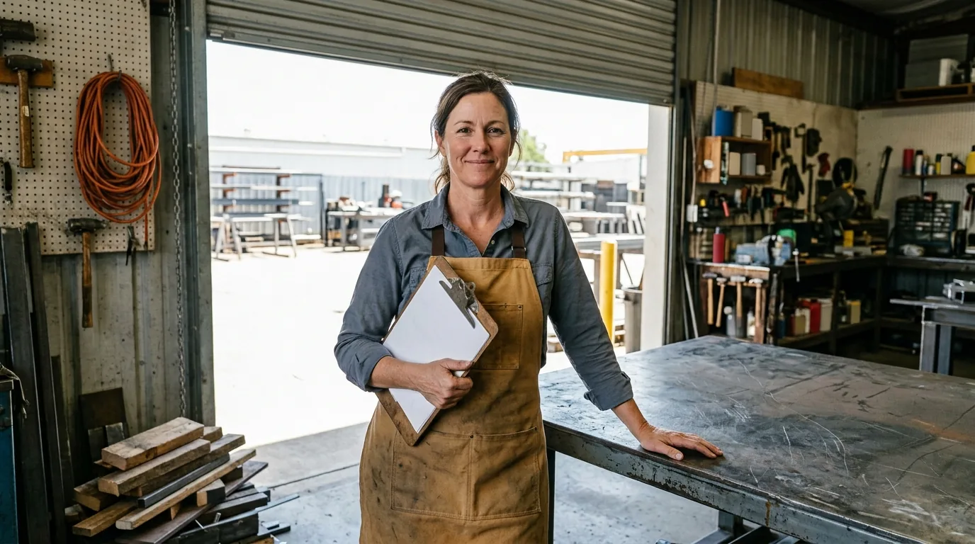 Small business growth in practice: a workshop owner reviews stock on a clipboard just inside an open roller door on a sunlit yard.