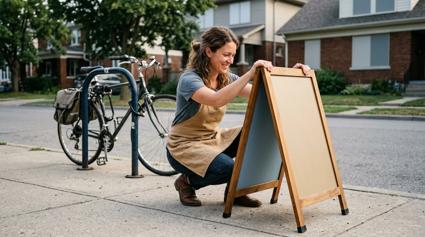 Low-budget marketing in practice: a small business owner sets out a blank A-frame board on a sunlit neighbourhood sidewalk.