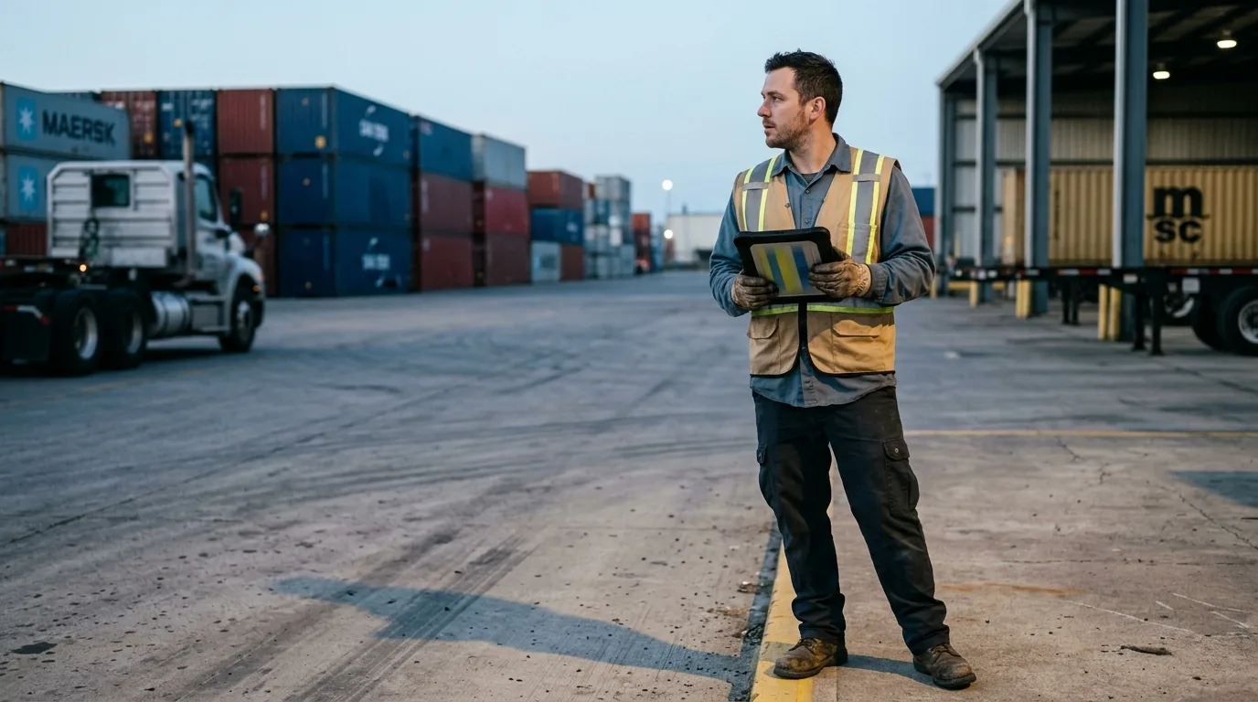 A supply chain management career in practice: a planner in a hi-vis vest checks a tablet at the edge of a logistics yard at first light.