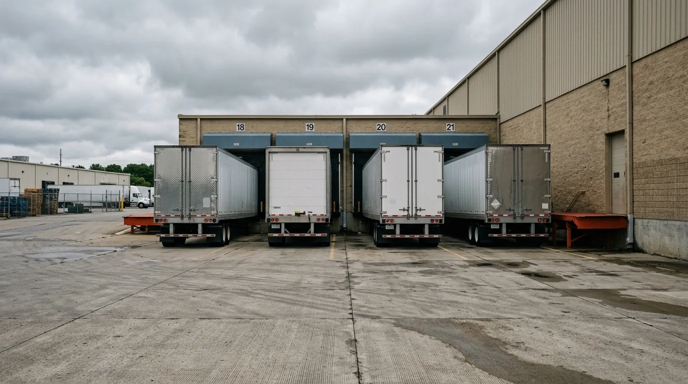 The supply chain management process in motion: trailers backed into the dock doors of a distribution centre seen across the yard apron.