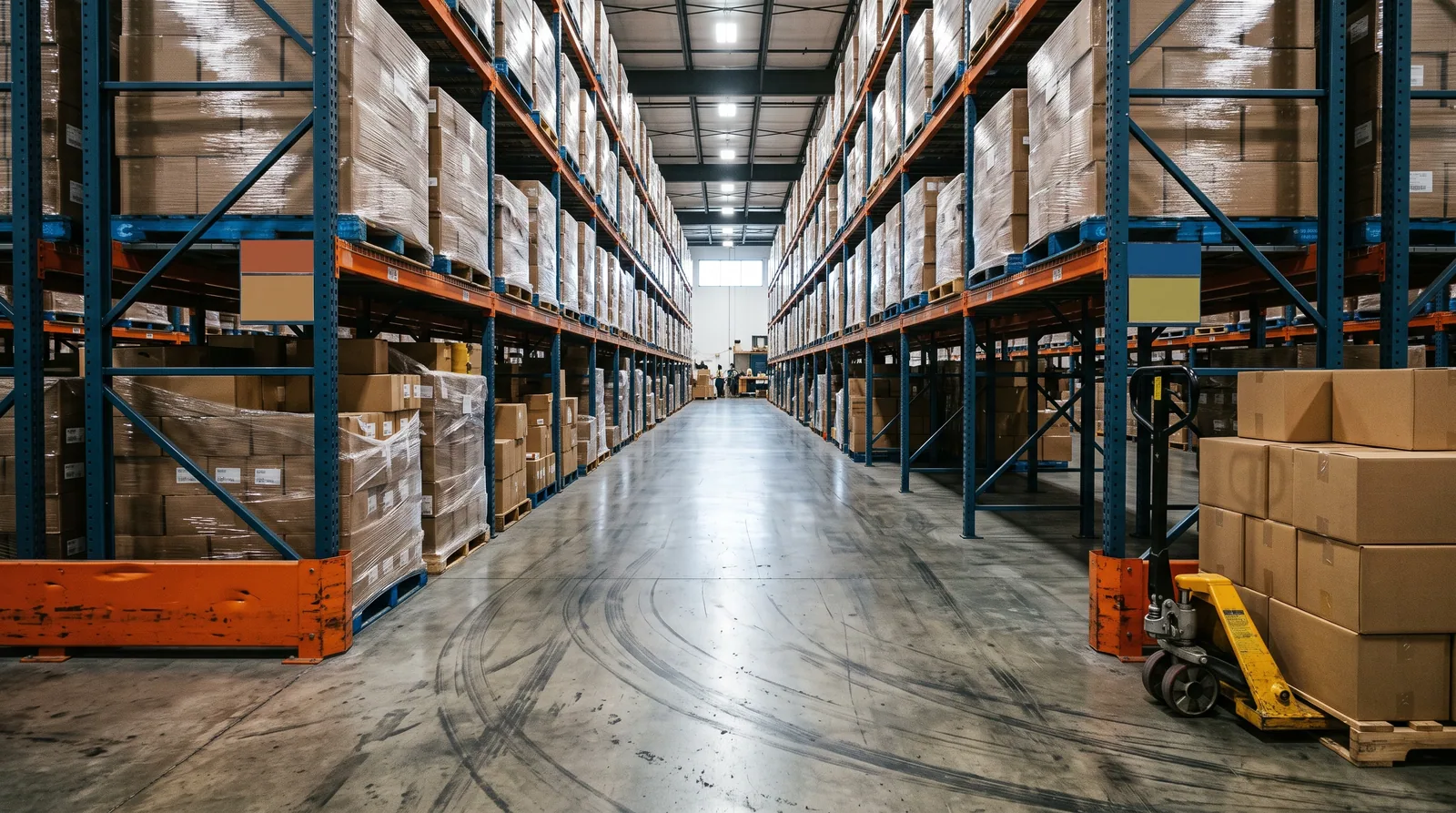Supply chain inventory on pallet racking down a distribution centre aisle, showing mixed stock levels and empty bays.