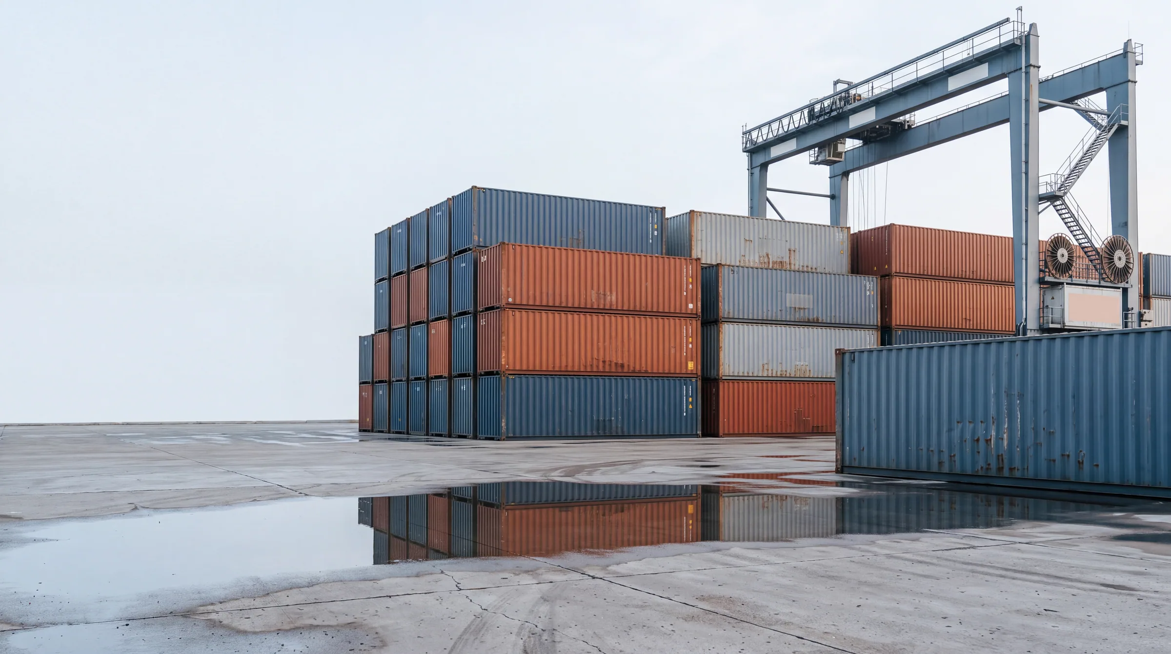 Supply chain management in practice: stacked shipping containers and a gantry crane at a container terminal at first light.