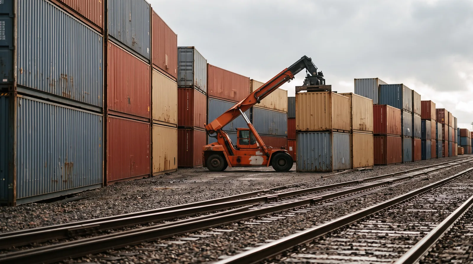 Supply chain resilience under test: stacked intermodal containers and a reach stacker in a rail yard beneath heavy overcast.