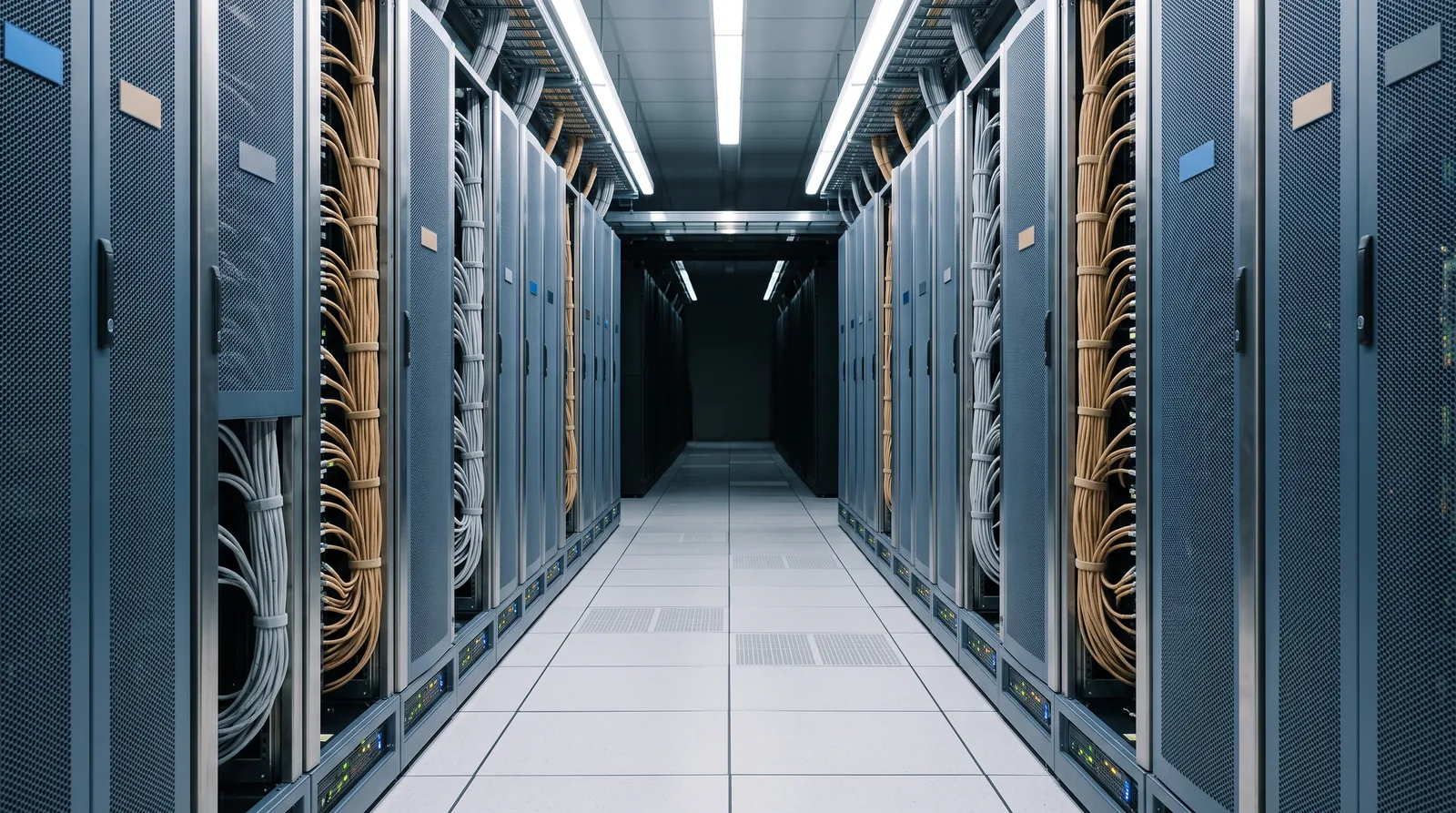 What SaaS runs on: a cold aisle between server racks, patch cabling and status lights in a data centre with no people present.